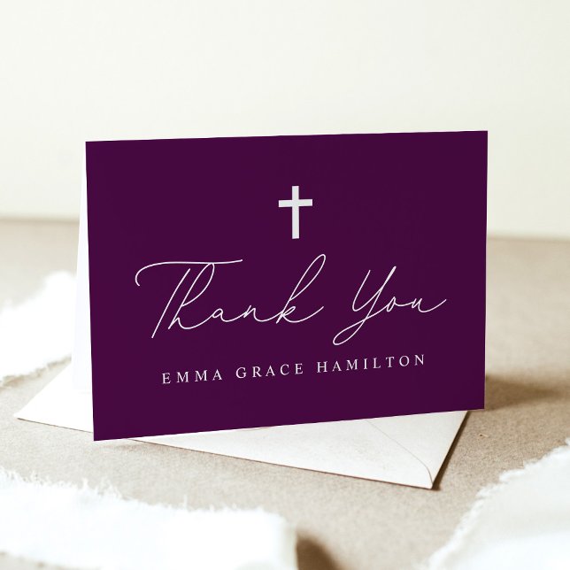 Modern Minimalist Script Purple Photo Baptism Thank You Card (Creator Uploaded)