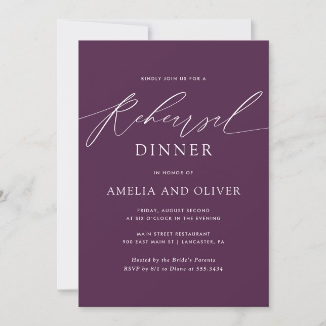 Modern Minimalist Script Purple Rehearsal Dinner Invitation (Front)