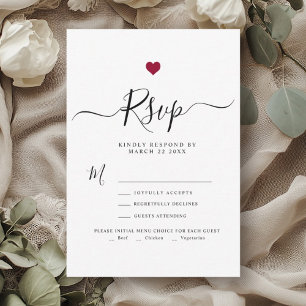 Modern Minimalist Script Red Heart Wedding RSVP Card
