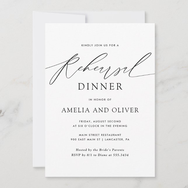 Modern Minimalist Script Rehearsal Dinner Invitation (Front)
