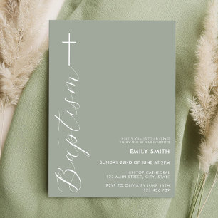 Modern Minimalist Script Sage Green Baptism Invitation