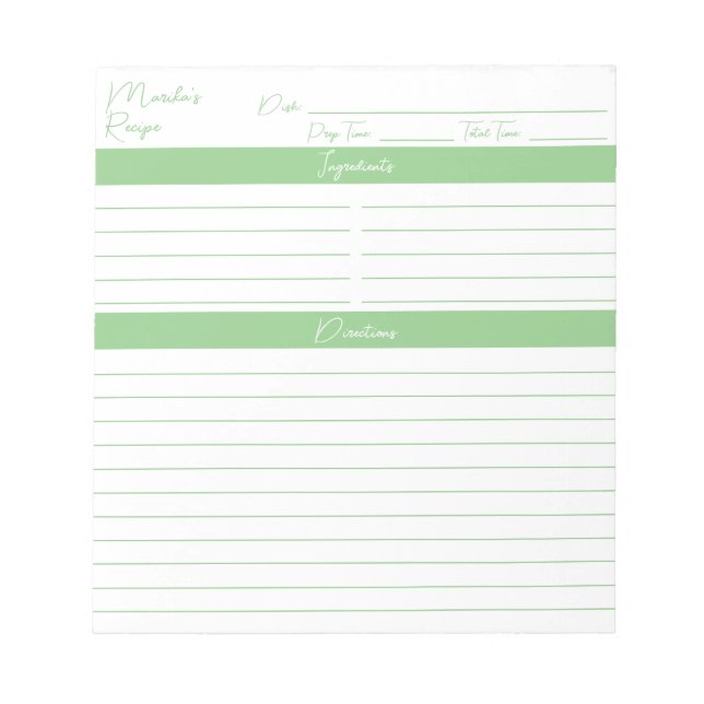 Modern Minimalist Script Sage Green Recipes Notepad (Front)