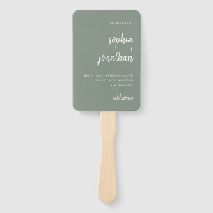 Modern Minimalist Script Sage Green Wedding Hand Fan