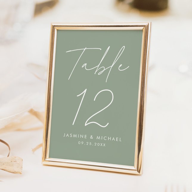 Modern Minimalist Script Sage Green Wedding Table Number (Creator Uploaded)