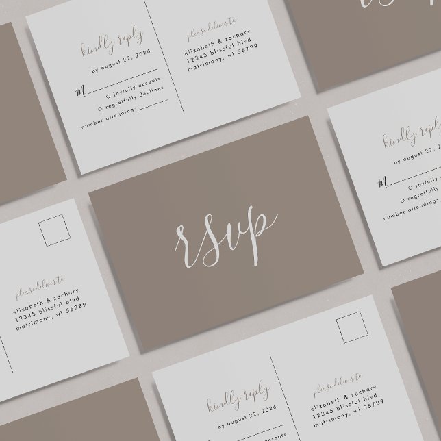 Modern Minimalist Script Taupe Wedding RSVP Postcard (Creator Uploaded)