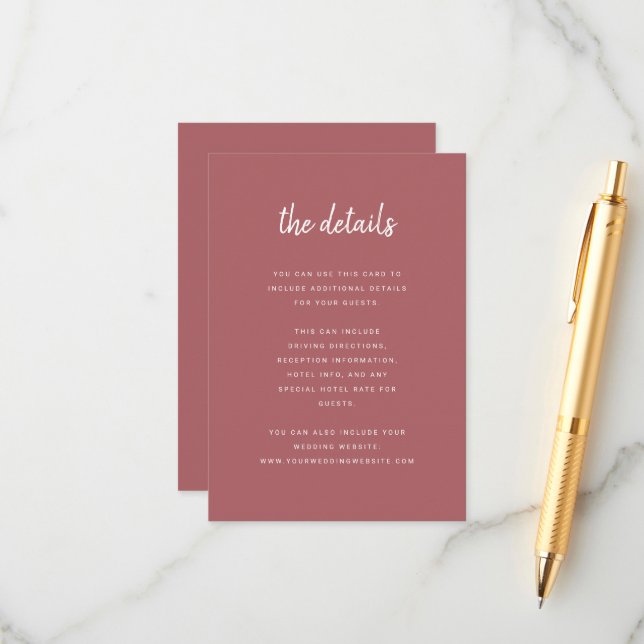 Modern Minimalist Script Terra Rosa Guest Details Enclosure Card (Front/Back In Situ)