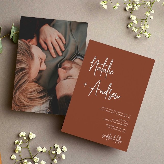 Modern Minimalist Script Terracotta Wedding Photo Invitation (Creator Uploaded)