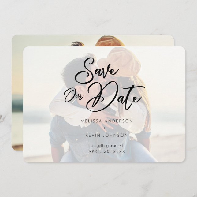 Modern Minimalist Script Typography Overlay Photo  Save The Date (Front/Back)