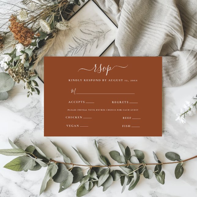 Modern Minimalist Script Wedding Terracotta RSVP Card (Creator Uploaded)