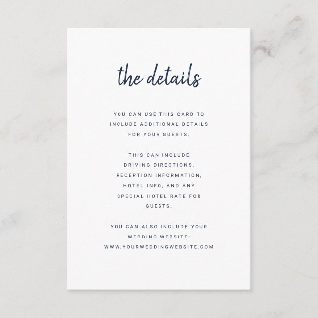 Modern Minimalist Script White and Navy | Details Enclosure Card (Front)