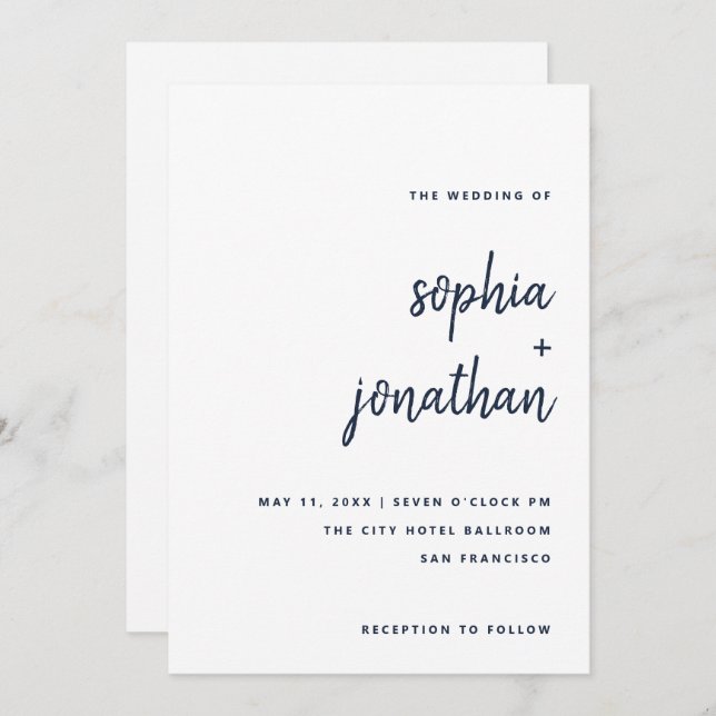 Modern Minimalist Script | White and Navy Wedding Invitation (Front/Back)