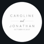 Modern Minimalist Script White Custom Wedding Classic Round Sticker<br><div class="desc">Modern Minimalist Script Purple White and Black Custom Wedding Classic Round Sticker</div>