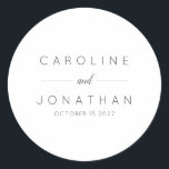 Modern Minimalist Script White Custom Wedding Classic Round Sticker<br><div class="desc">Modern Minimalist Script Purple White and Black Custom Wedding Classic Round Sticker</div>