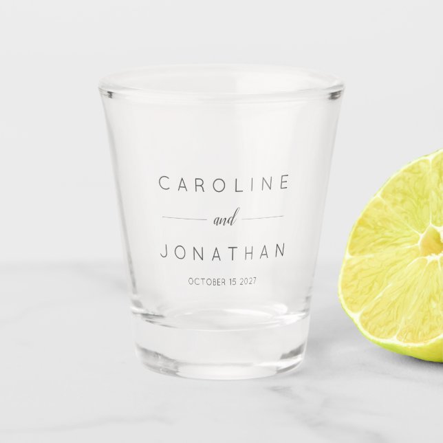 Modern Minimalist Script White Custom Wedding Shot Glass (Front)