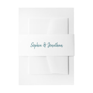 Modern Minimalist Script White with Teal Wedding Invitation Belly Band