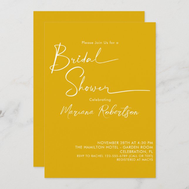 Modern Minimalist Script Yellow Bridal Shower Invitation (Front/Back)