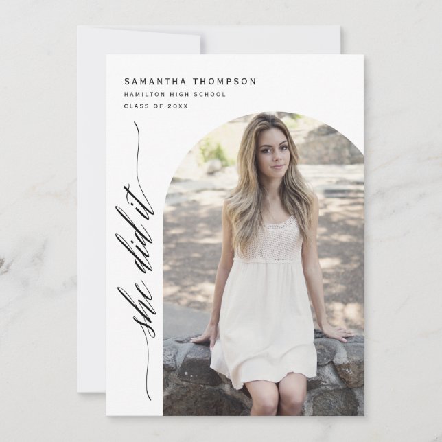 Modern Minimalist She Did It Graduation Arch Photo Invitation (Front)