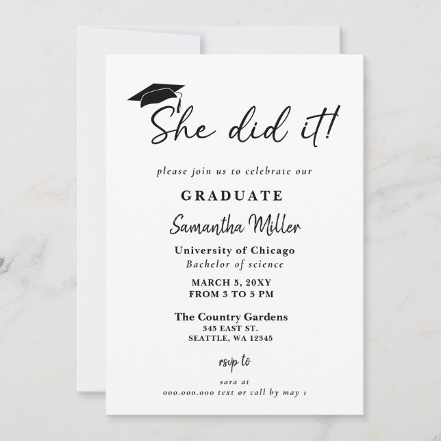 Modern Minimalist She Did It Graduation  Invitation (Front)