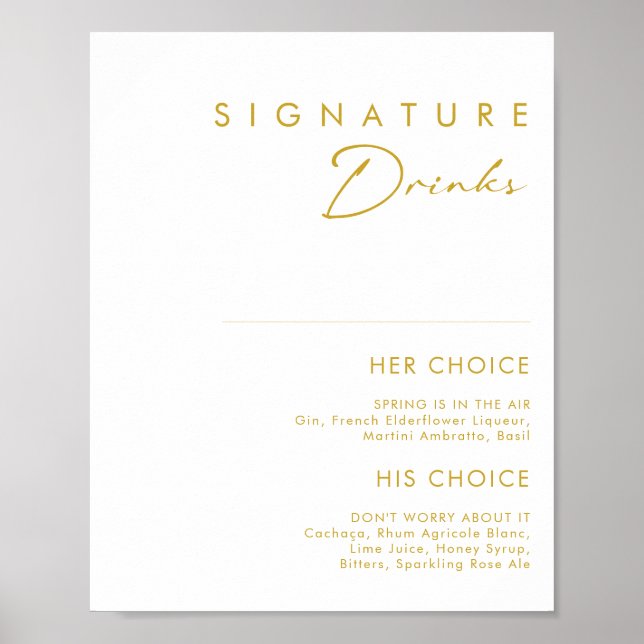 Modern Minimalist Signature Drinks Gold Font Sign (Front)