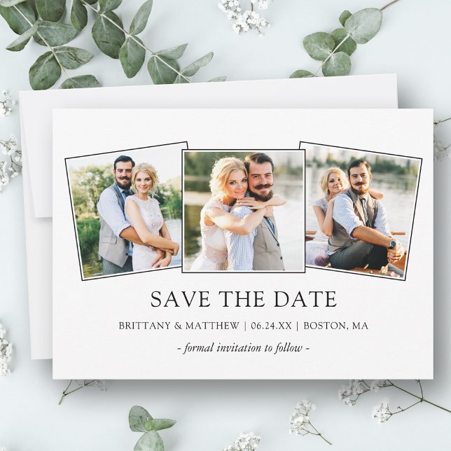 Modern Minimalist Simple 3 Photos Save The Date (Customize to change text size, style or to add more text & photos to back of card.)