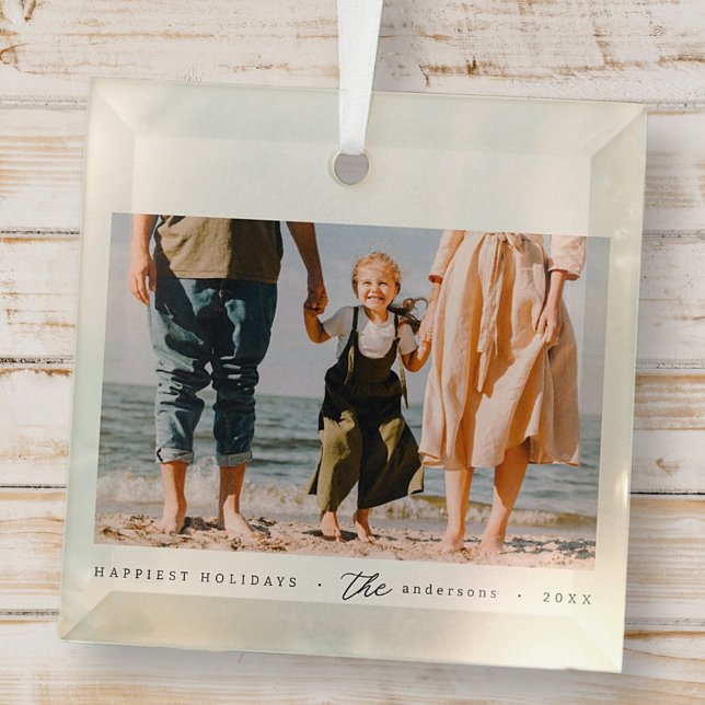 Modern Minimalist Simple Custom Family Photo Glass Ornament (Creator Uploaded)