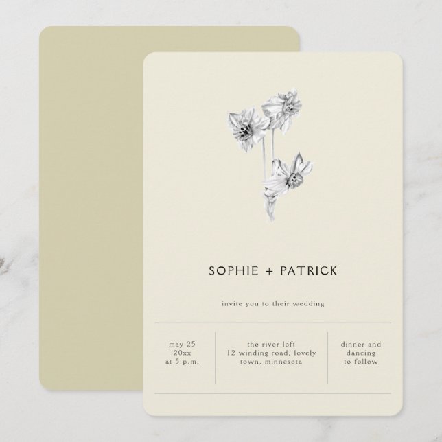 Modern Minimalist Simple Daffodils Spring Wedding Invitation (Front/Back)