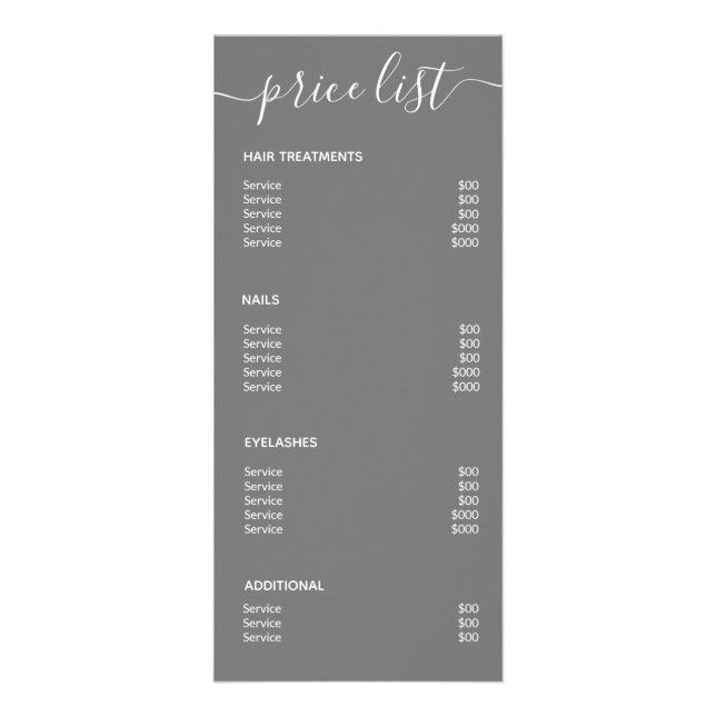 Modern Minimalist Simple Grey Salon Price List Spa Rack Card (Back)
