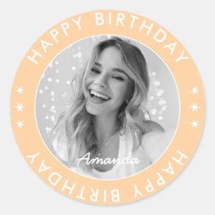 Modern Minimalist Simple Pink Happy Birthday Photo Classic Round Sticker