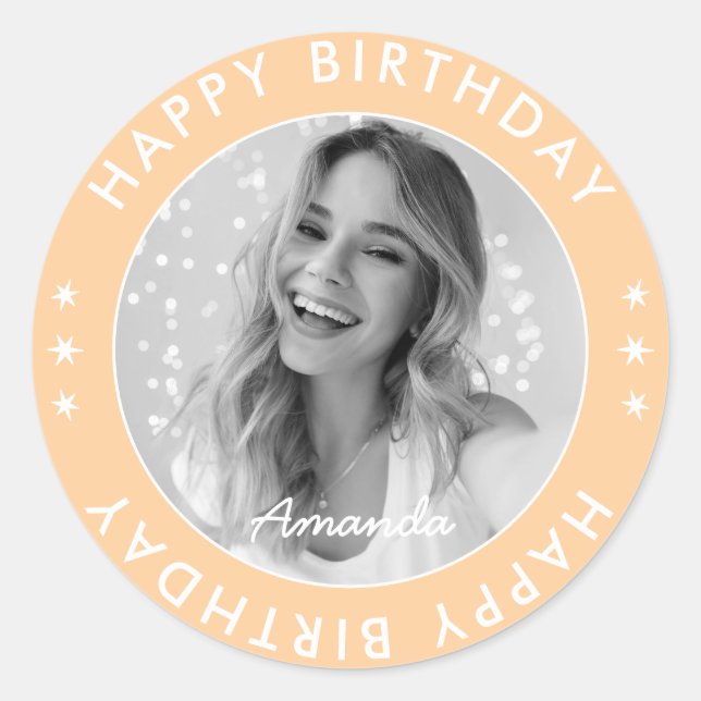Modern Minimalist Simple Pink Happy Birthday Photo Classic Round Sticker (Front)