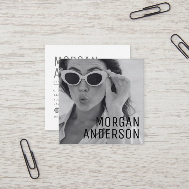 Modern Minimalist Simple Professional Photo Square Square Business Card (Front/Back In Situ)
