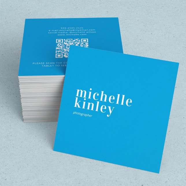 Modern minimalist simple QR code personal blue Square Business Card (Creator Uploaded)