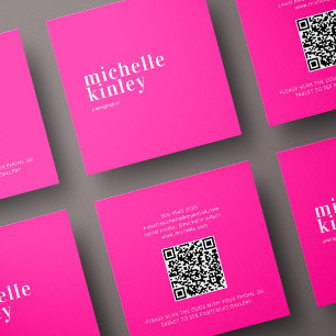 Modern minimalist simple QR code personal hot pink Square Business Card