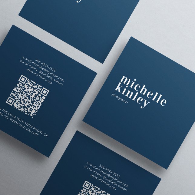 Modern minimalist simple QR code personal navy Square Business Card (Creator Uploaded)