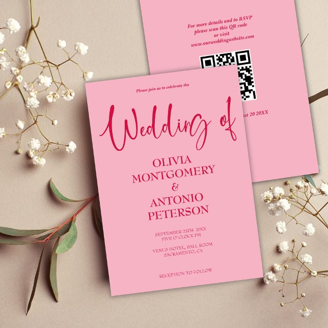 Modern Minimalist Simple QR Code Pink Wedding Invitation (Creator Uploaded)