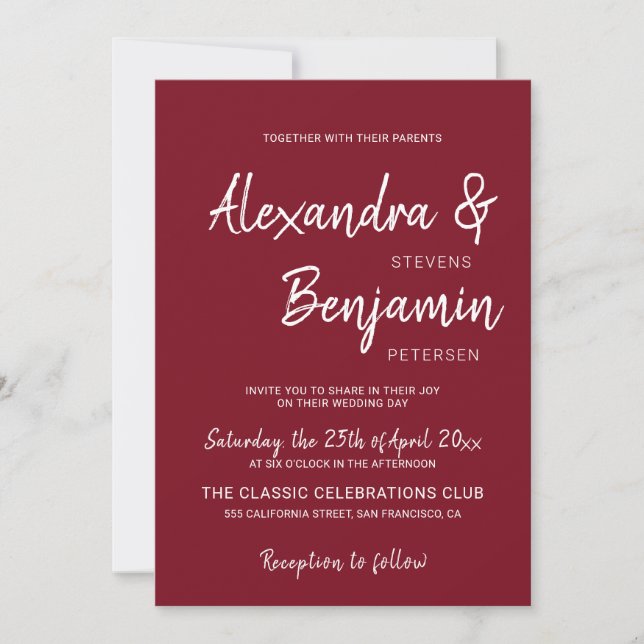 Modern minimalist simple script burgundy wedding invitation (Front)