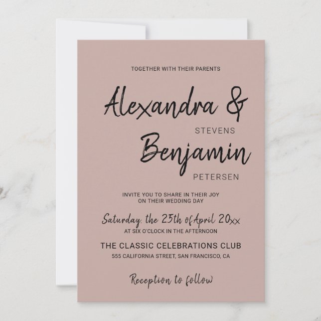 Modern minimalist simple script dusty rose wedding invitation (Front)