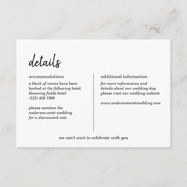 Modern Minimalist Simple Script Wedding Details Enclosure Card (Front)