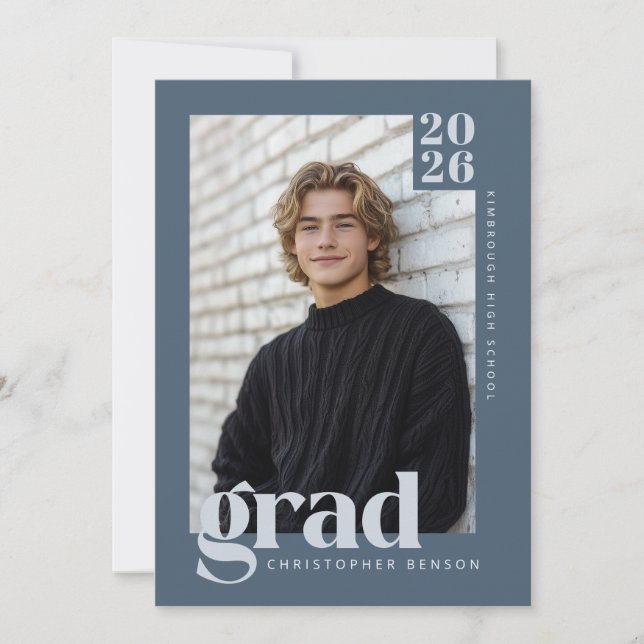 Modern Minimalist Slate Blue Grey Photo Graduation Invitation (Front)