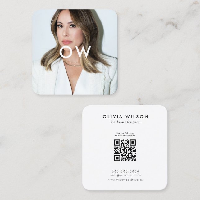 Modern Minimalist Square Monogram Photo Square Business Card (Front/Back)