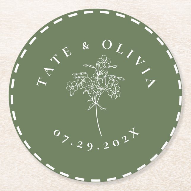 Modern Minimalist Stitched Edge Botanical  Round Paper Coaster (Front)