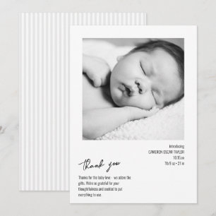 Modern Minimalist Stripe Baby Photo Birth Arrival Thank You Card