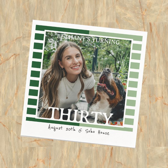 Modern Minimalist Striped 30th Birthday Photo Napkin (Celebrate the beginning of a new decade with this Modern Minimalist Striped 30th Birthday Napkin!)