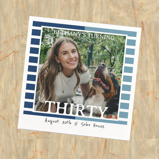 Modern Minimalist Striped 30th Birthday Photo Napkin (Celebrate the beginning of a new decade with this Modern Minimalist Striped 30th Birthday Napkin!)