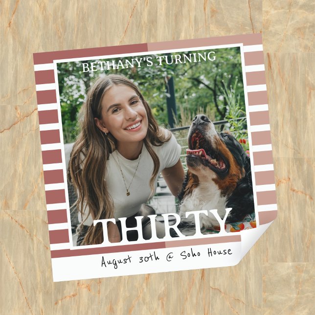Modern Minimalist Striped 30th Birthday Photo Square Sticker (Celebrate the beginning of a new decade with this Modern Minimalist Striped 30th Birthday Sticker!)