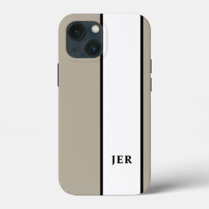 Modern Minimalist Stripes Monogram Initials Taupe iPhone 13 Mini Case