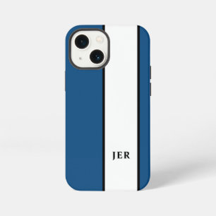 Modern Minimalist Stripes Monogrammed Trendy Blue iPhone 13 Mini Case