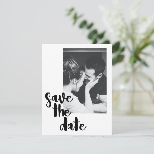 Modern Minimalist Stylish Black and White Photo Save The Date (Standing Front)
