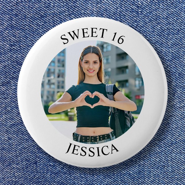 Modern Minimalist Sweet 16 Birthday Circle Photo 2 Inch Round Button (Modern Minimalist Sweet 16 Birthday Circle Photo Button)