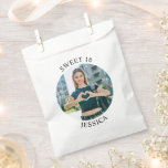 Modern Minimalist Sweet 16 Birthday Circle Photo Favour Bag<br><div class="desc">Create your own personalized white border round photo paper favour bags for your her 16th birthday. Customize the solid white background colour or the black text colour to match your photo. If you change the font type or size, you can fine tune the curvature of the text in small increments....</div>