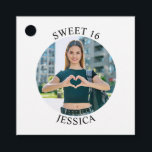 Modern Minimalist Sweet 16 Birthday Circle Photo Favour Tags<br><div class="desc">Create your own personalized white border round photo square favour tag for your her 16th birthday. Customize the solid white background colour or the black text colour to match your photo. If you change the font type or size, you can fine tune the curvature of the text in small increments....</div>